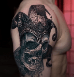Black and Grey Realism Jester Skull