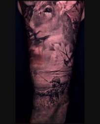 hunting, deer, sleeve, tattoo, black and grey, realism, new england tattoos, tattoo, cesar perez