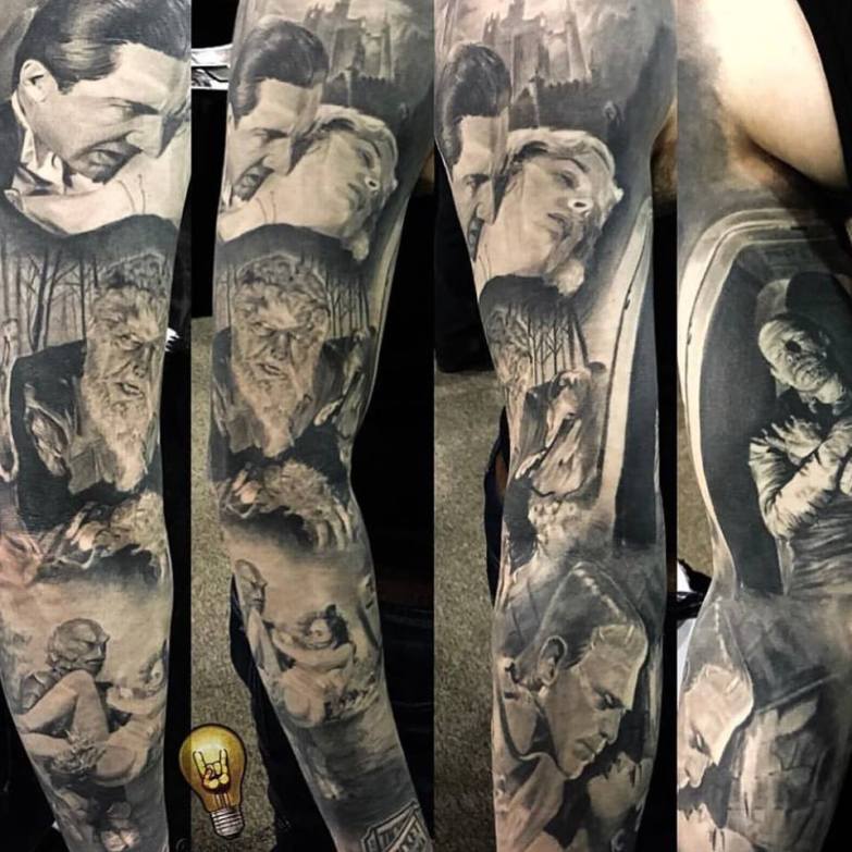 Black And Grey Monster Sleeve Tattoo