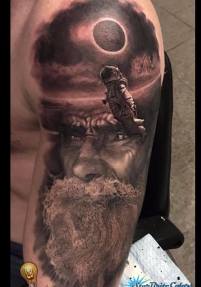 Black And Grey Old man Astronaut Tattoo