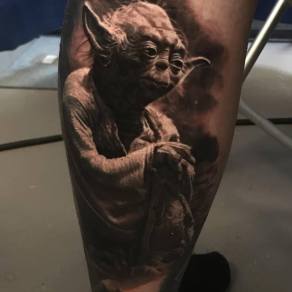 Black And Grey Yoda Tattoo