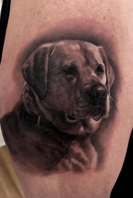 Black And Grey Dog Portrait Tattoo