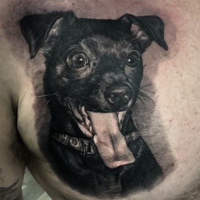Black And Grey Dog Portrait Tattoo