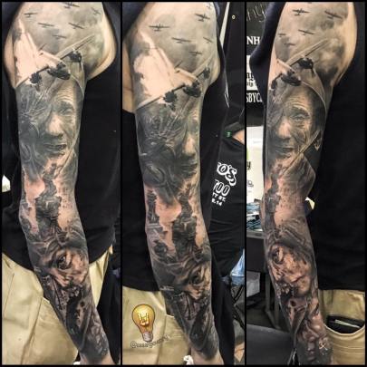 Black and Grey War Themed Sleeve - Boston Tattoo Convention