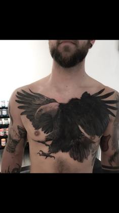 Black and Grey Eagle Chest Tattoo