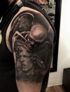 Black And Grey Angel Of Death Statue Tattoo