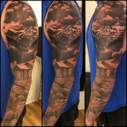 Black And Grey Nature Scene Sleeve Tattoo