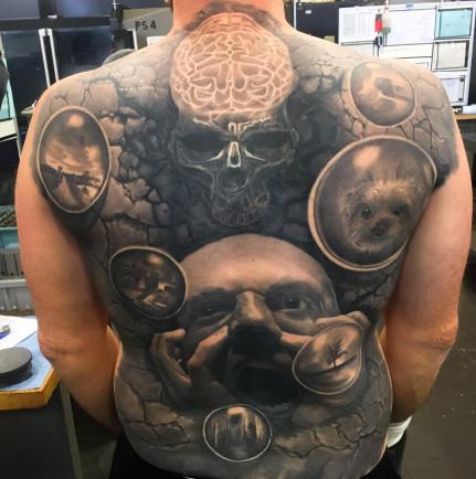 Black and Grey Photo Realistic Full Back Tattoo/Cover Up with Portraits