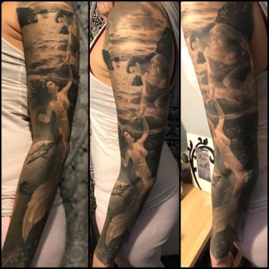 Black and Grey Mermaid Realistic Portrait Scene Tattoo Sleeve