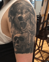 Black and Grey Smoky Skull and Wolf Tattoo Sleeve