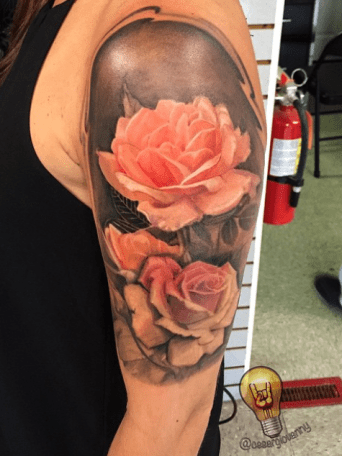 Color Rose and Peony Half Sleeve Tattoo