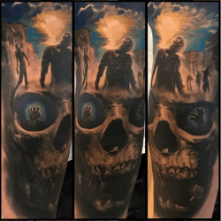 Color Zombie Skull and Scene Tattoo