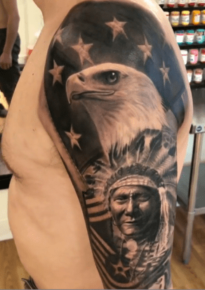 Black and Grey Native American and Eagle Sleeve Tattoo
