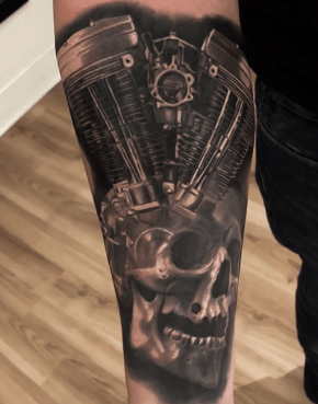 Black and Grey Engine Skull Mash Up Tattoo