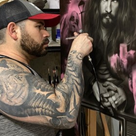 Rob Zombie Music &amp; Movie Collage - Airbrush on Canvas by Cesar, with Working TV