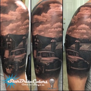 Black and Grey Vintage Truck with Farm Scene Photo Realistic Tattoo