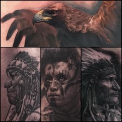 Black and Grey Native American Portraits with Color Eagle Photo Realistic Tattoos