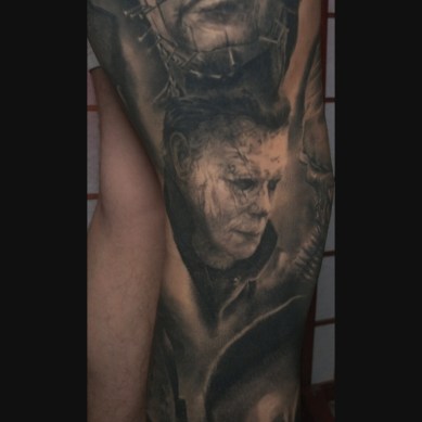 Black and Grey Michael Myers Realism Tattoo Sleeve