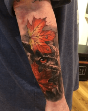 Color Owl with Fall Foliage Tattoo