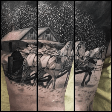 Black and Grey Horse Carriage on a Snowy Day Tattoo