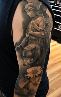 Black and Grey Angel and Wolf with Color Sunflower