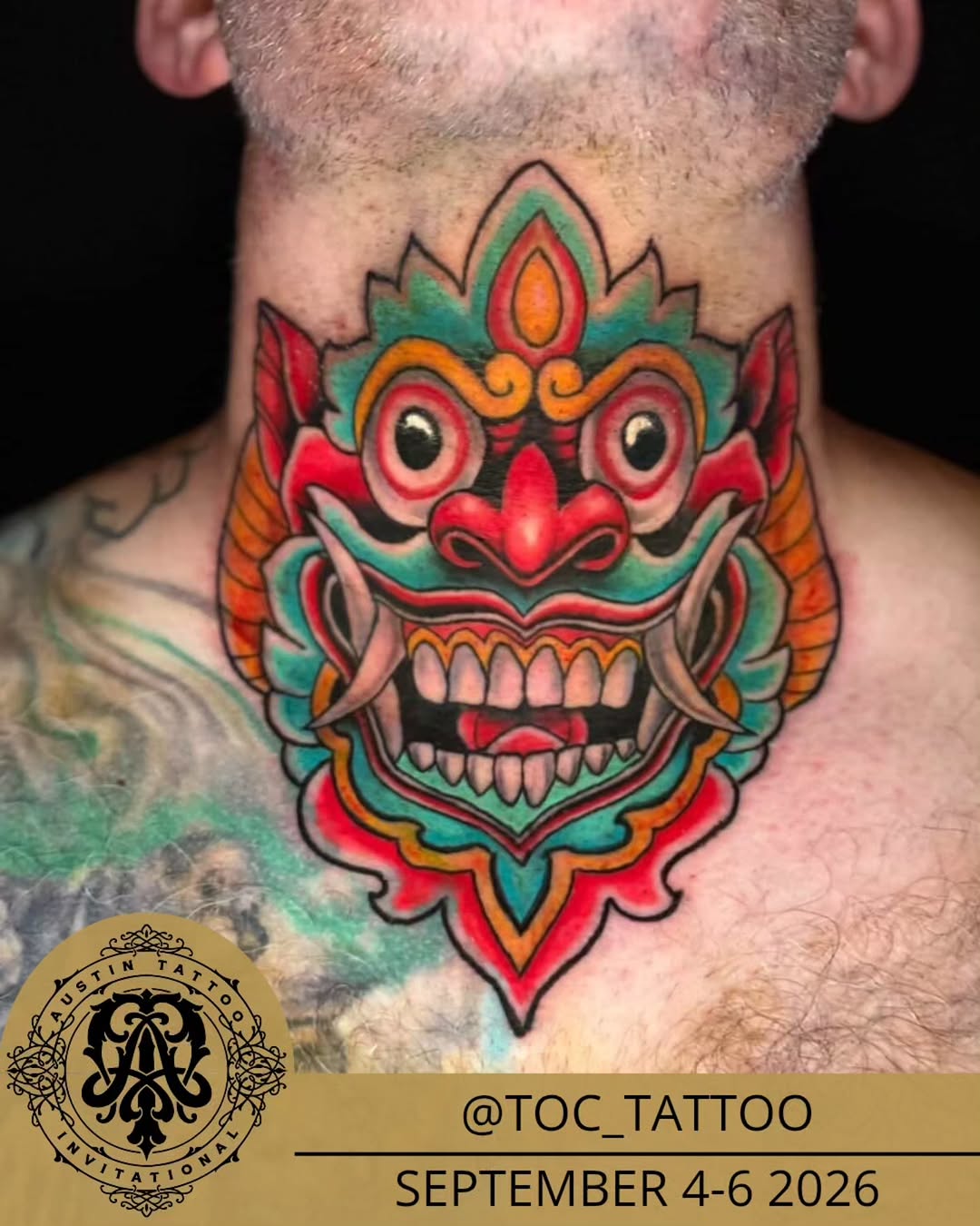 Colorful demon mask tattoo, neck
