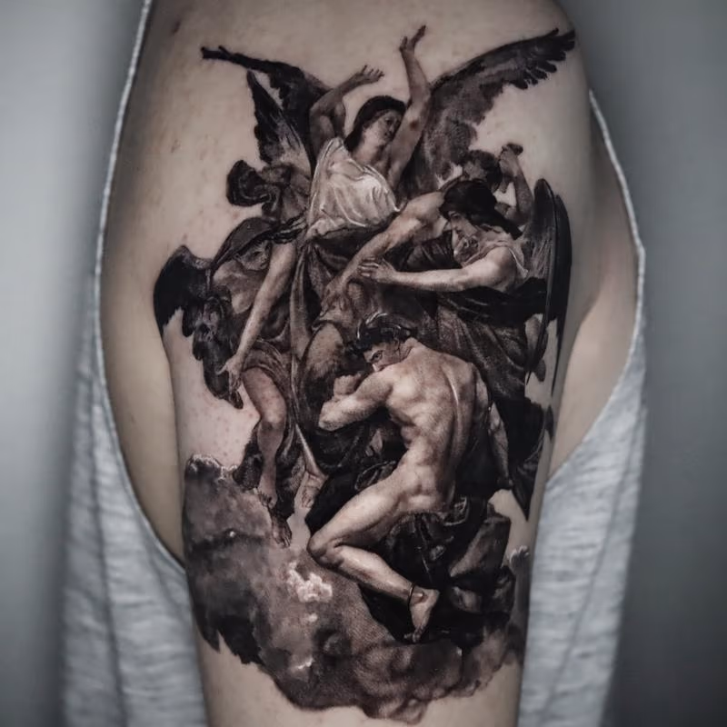 Angels out half sleeve tattoo