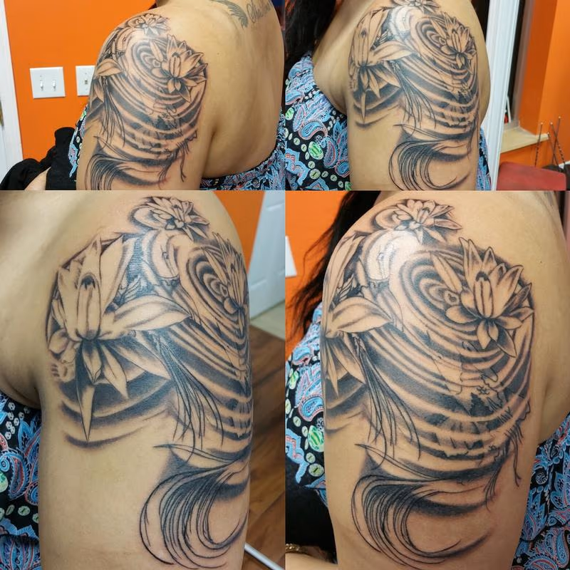 Custom koi tattoo under water