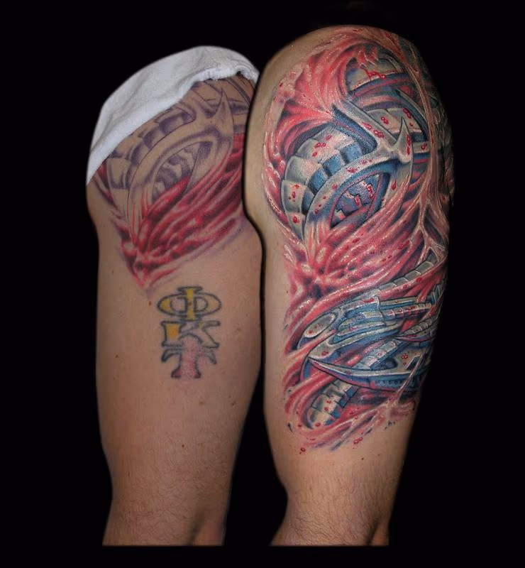 Bio Mech and Skin Rips cover up half sleeve
