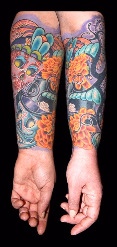 Day of the Dead Skulls, Marigolds, Bee and a Tribal Re-work