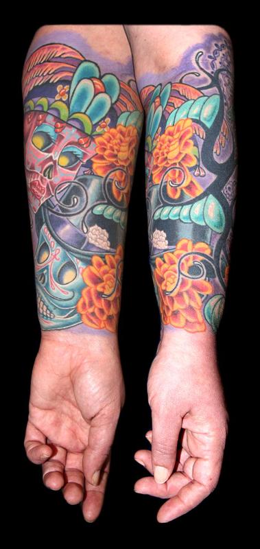 Day of the Dead Skulls, Marigolds, Bee and a Tribal Re-work