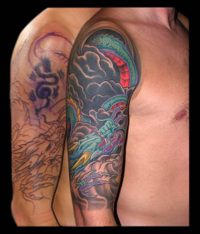 Asian Dragon and Yellow Lotus cover up half sleeve