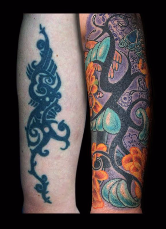 Day of the Dead Skulls, Marigolds, Bee and a Tribal Re-work