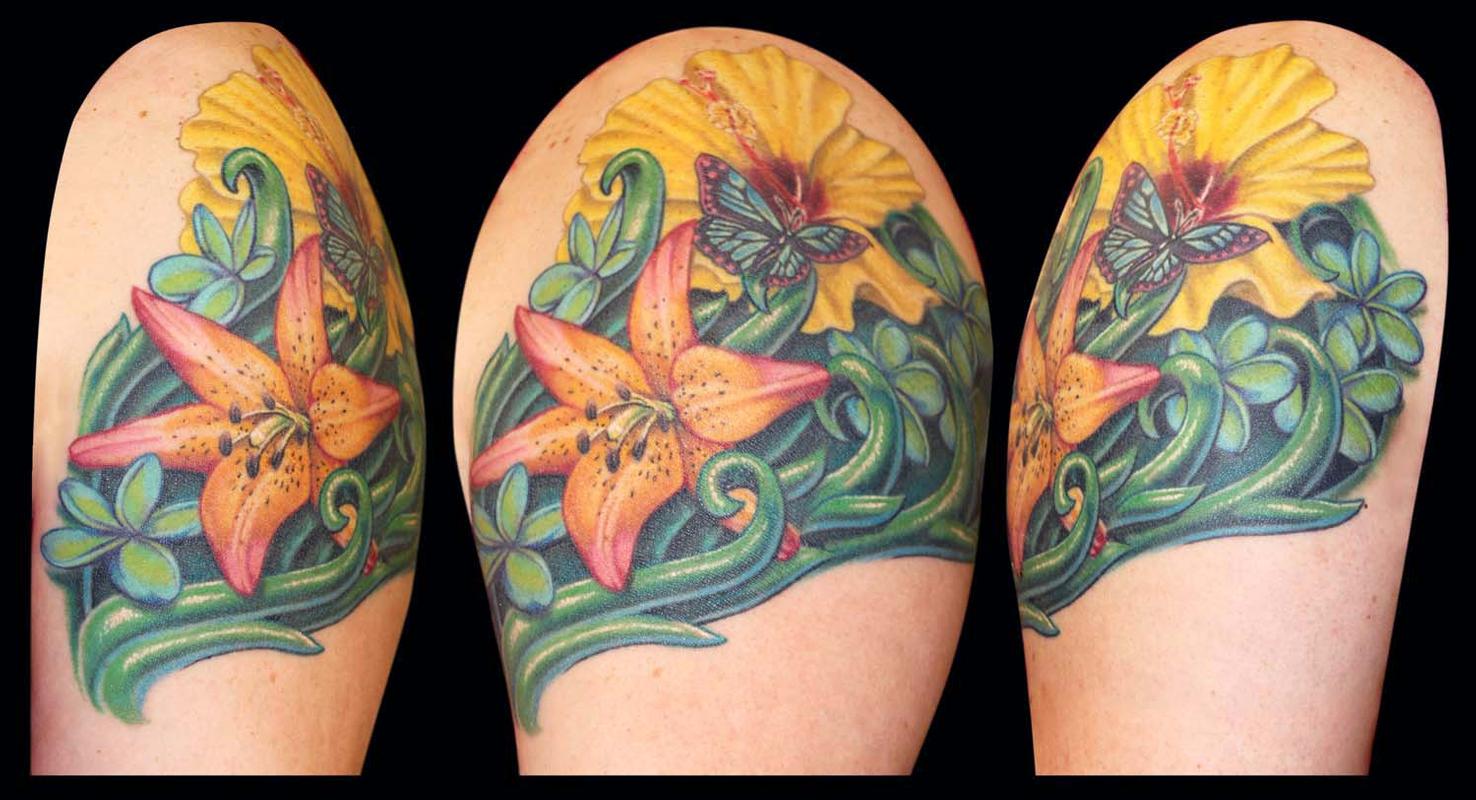 Royal Sunset Lilly, Hibiscus, Plumeria and a Butterfly