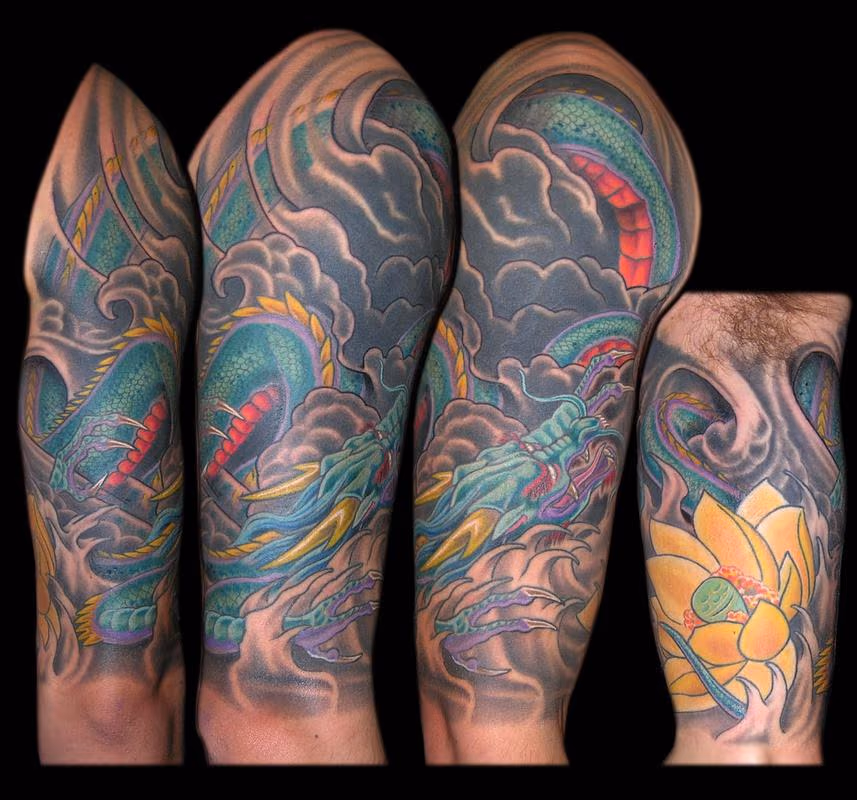 Asian Dragon and Yellow Lotus cover up half sleeve