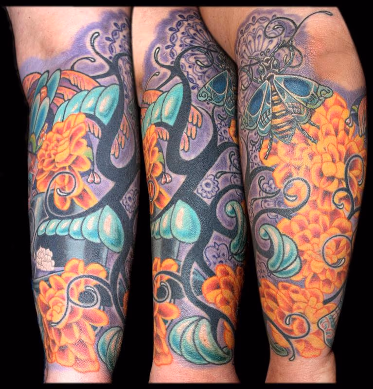 Day of the Dead Skulls, Marigolds, Bee and a Tribal Re-work