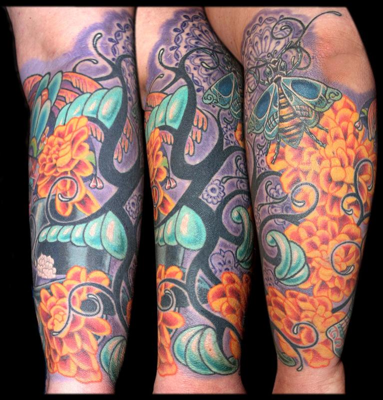 Day of the Dead Skulls, Marigolds, Bee and a Tribal Re-work