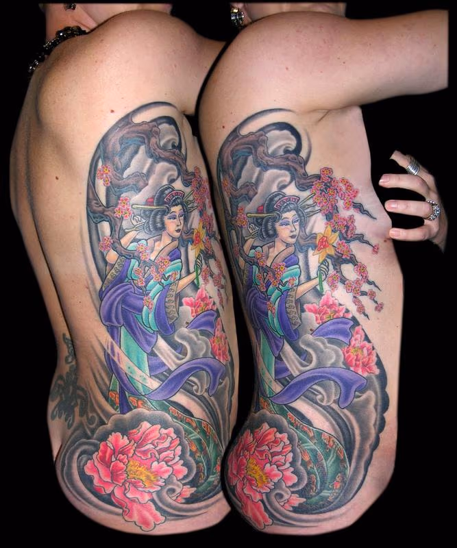 Geisha, Wind, Peonies, Cherry Blossoms and a Daffodil