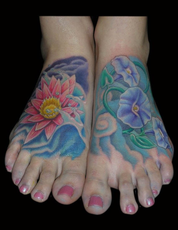 Water lily & Morning Glory Feet Tattoos