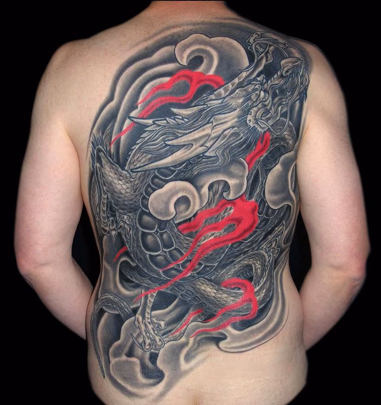 Black and Grey Asian Dragon Back Piece