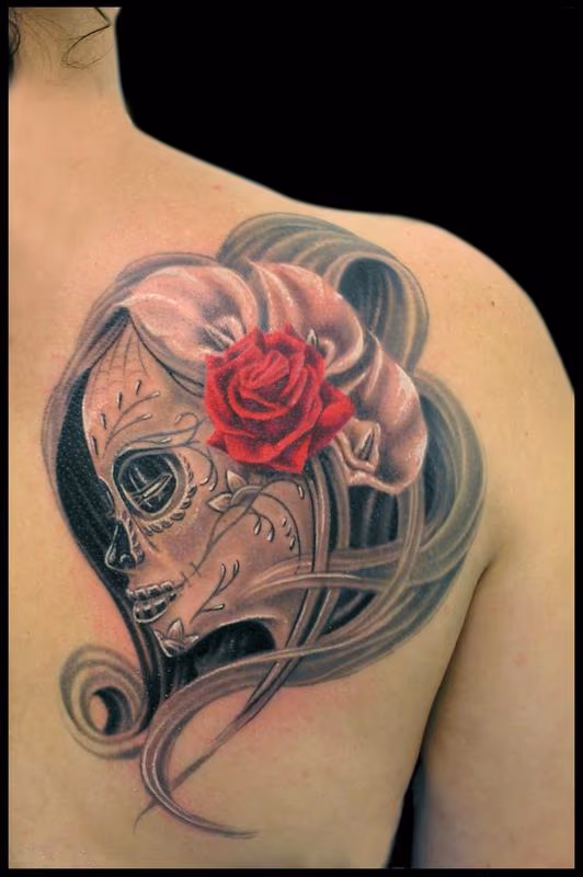 Black and Grey Day of the Dead Girl with Calla Lilies and a Rose
