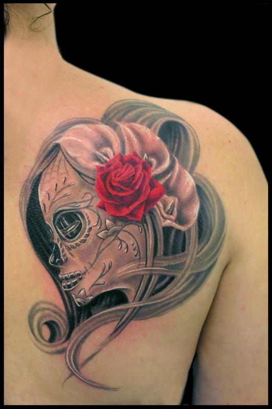 Black and Grey Day of the Dead Girl with Calla Lilies and a Rose