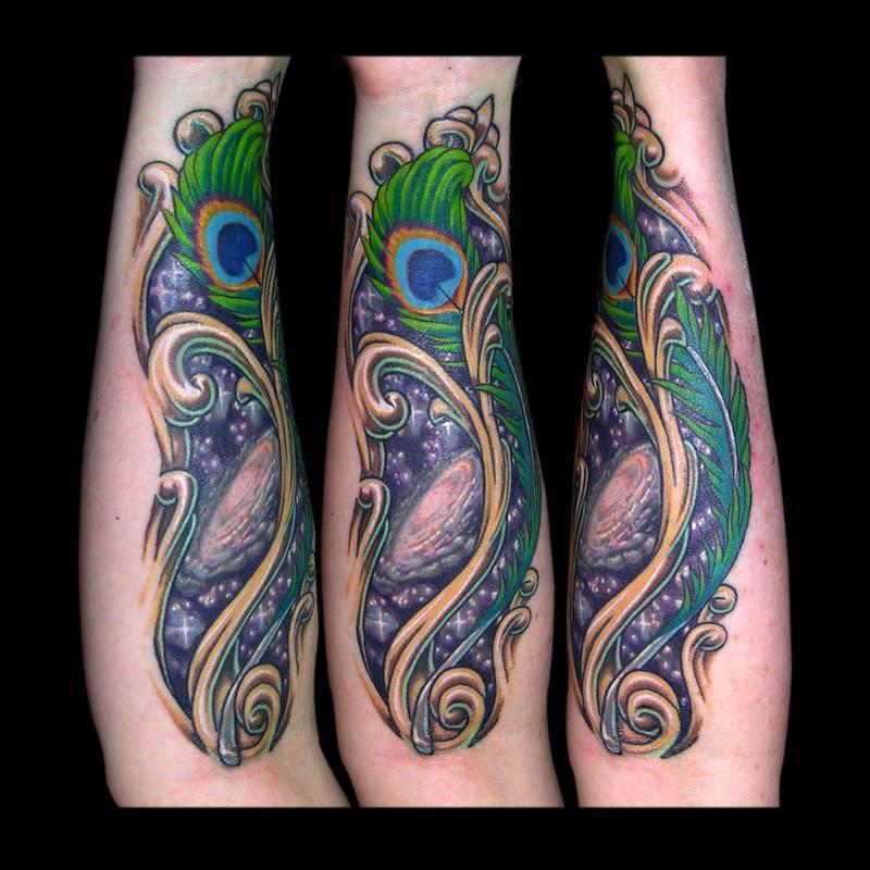 Aries symbol, peacock feather and outer space