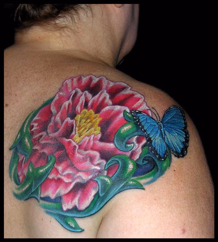 Peonie and a Blue Morpho Butterfly