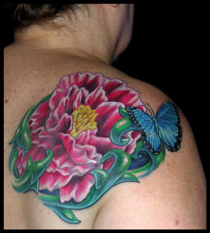 Peonie and a Blue Morpho Butterfly