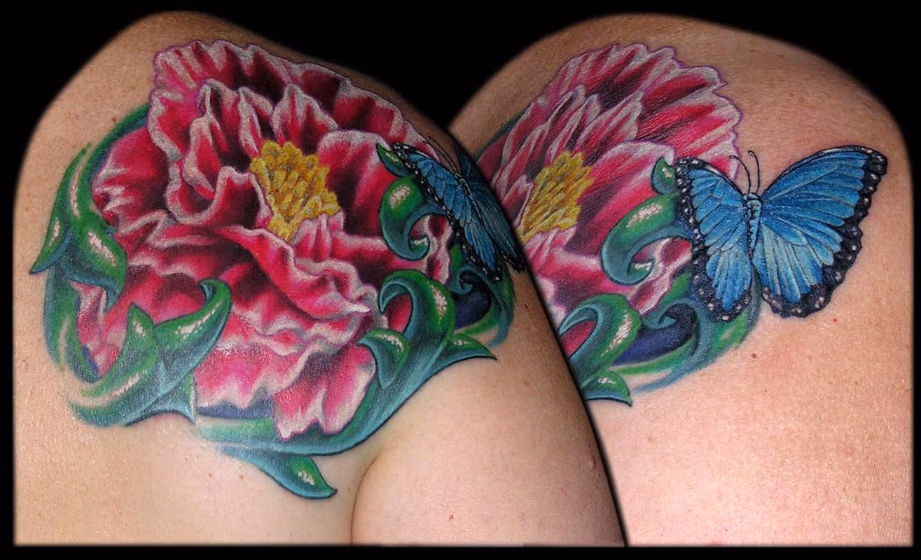 Peonie and a Blue Morpho Butterfly