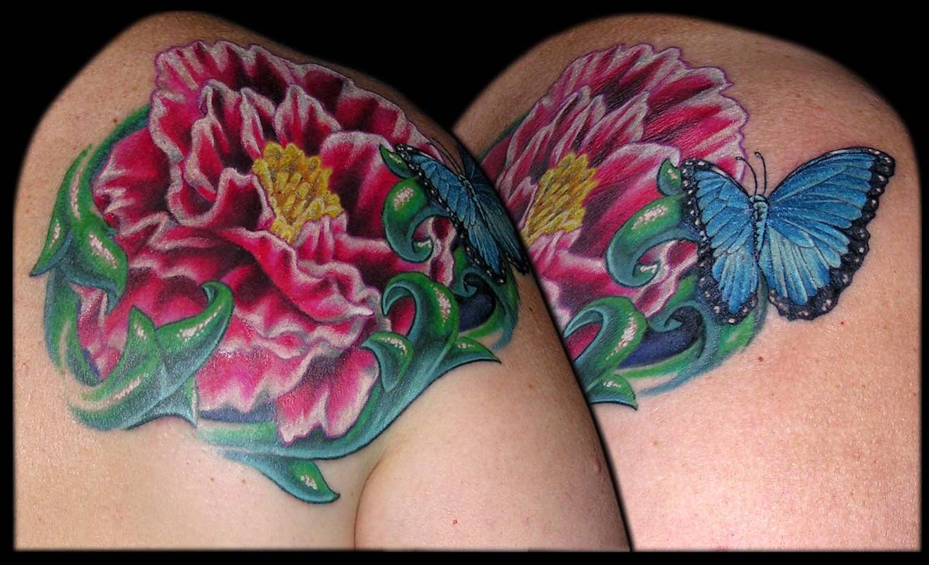Peonie and a Blue Morpho Butterfly