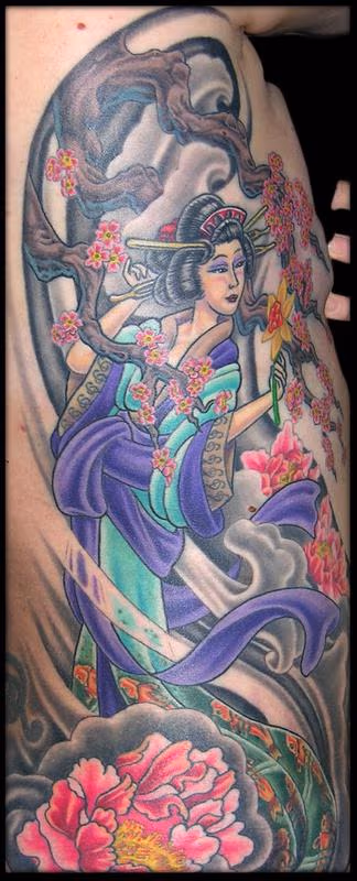 Geisha, Wind, Peonies, Cherry Blossoms and a Daffodil