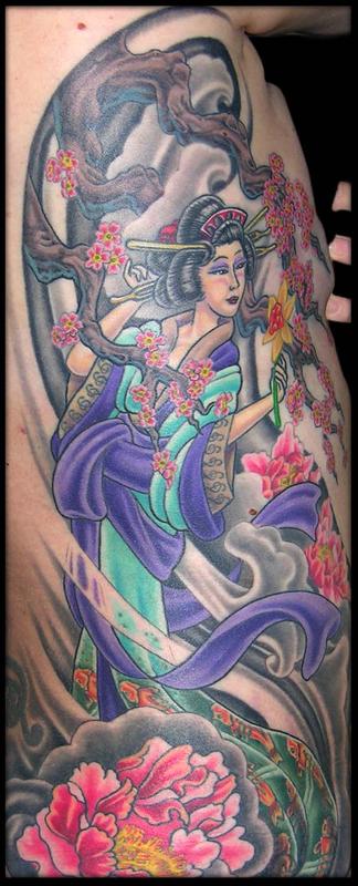 Geisha, Wind, Peonies, Cherry Blossoms and a Daffodil