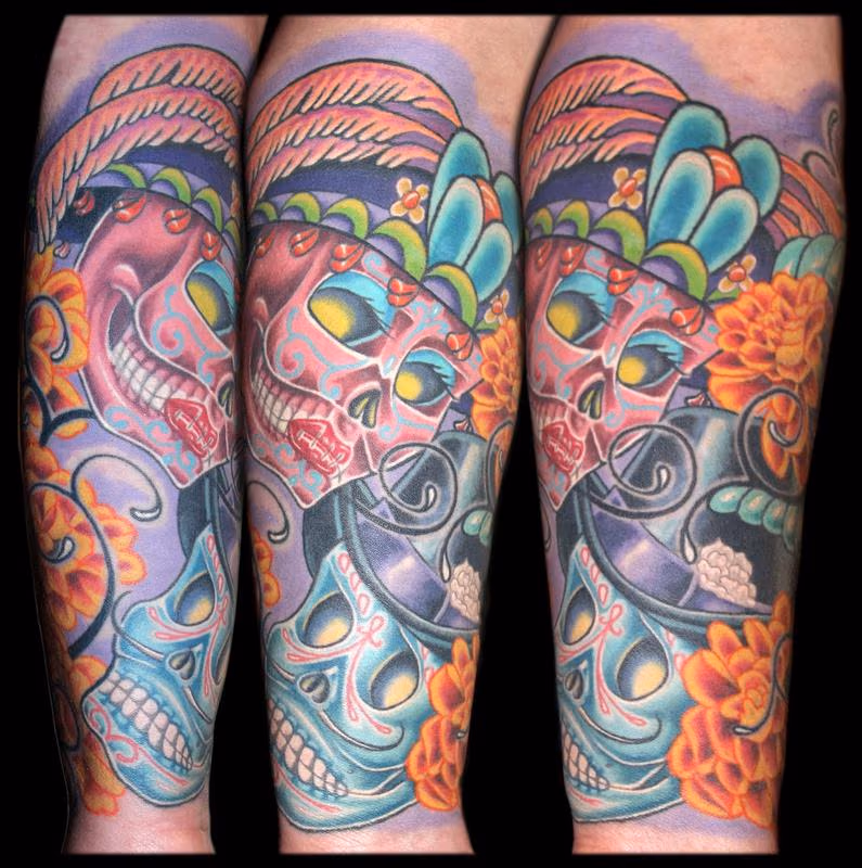Day of the Dead Skulls, Marigolds, Bee and a Tribal Re-work